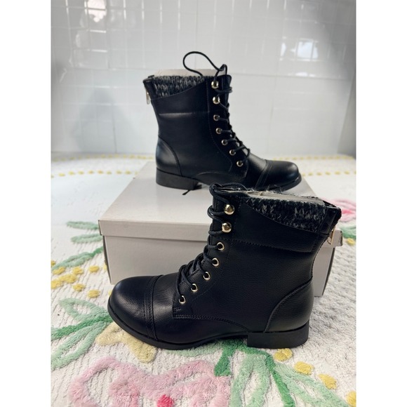 Wild Pair Shoes - Wild‎ Pair Peeta Black Combat Boots Knit Cuff Gold Zip Cap Toe womens 7
